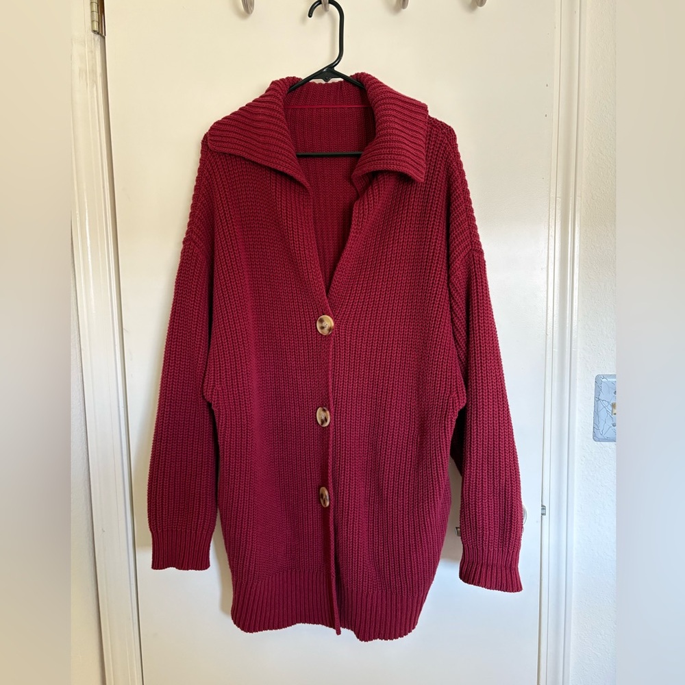 Women’s - Cozy Red Chunky Knit Cardigan – Oversized Button Front Sweater Large